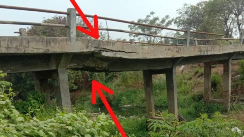 RUSAK: Jembatan yang menghubungkan dua kampung di Desa Sukasari, Kecamatan Rajeg, Kabupaten Tangerang nyaris ambruk, Kamis (2/11/2023).