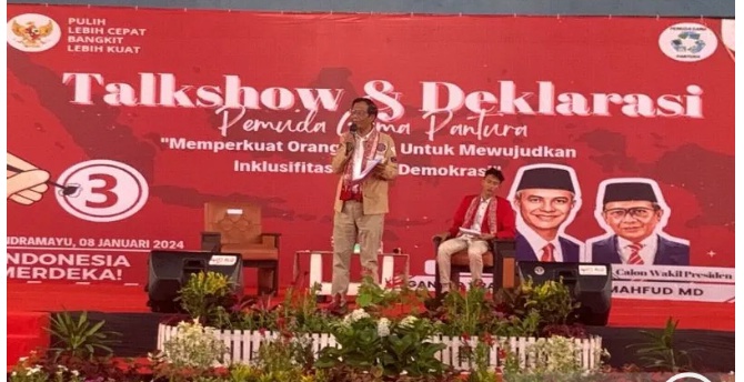 Cawapres RI Mahfud Md. di di GOR Dharma Ayu Kabupaten Indramayu, Jawa Barat.(ist)