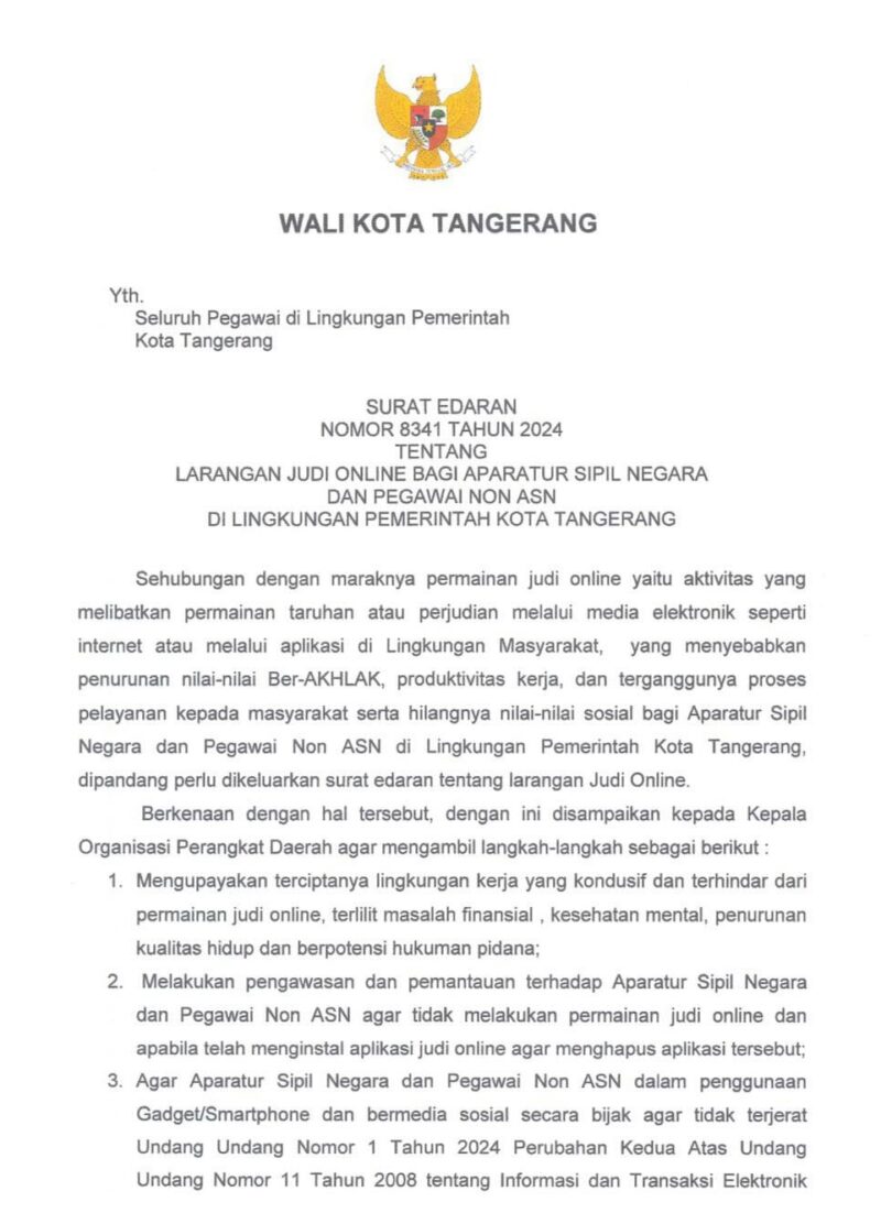 Surat Edaran larangan judi online.